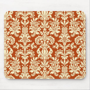 Rust-Red & Beige Floral Damask Pattern Mouse Mat