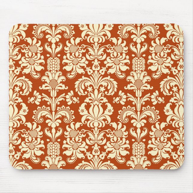 Rust-Red & Beige Floral Damask Pattern Mouse Mat (Front)