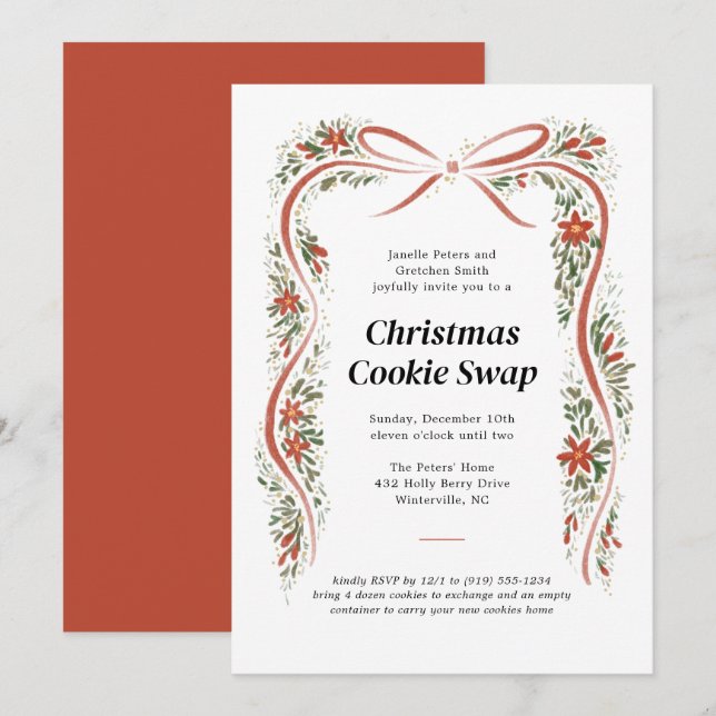 Rust Red Bow and Poinsettias Christmas Holiday Invitation (Front/Back)