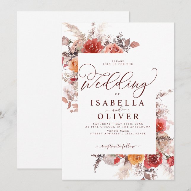 Rust Red Burnt Orange BohoTerracotta Wedding Invit Invitation (Front/Back)