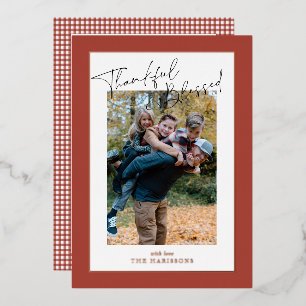Rust red foil gingham Thanksgiving family photo  Foil Holiday Card
