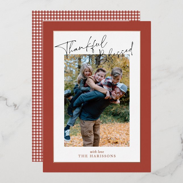 Rust red foil gingham Thanksgiving family photo  Foil Holiday Card (Front/Back)