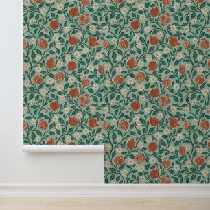 Rust Red Fruit pomegranate Green Leaf Pattern Wallpaper