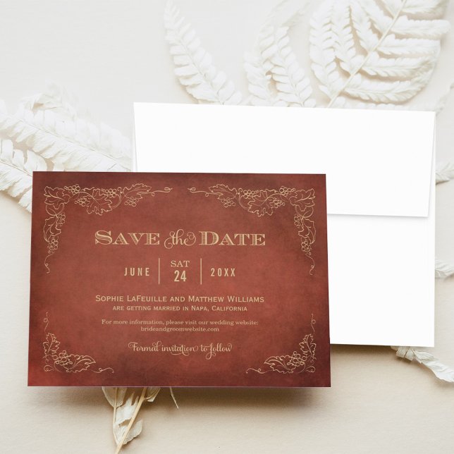 Rust Red Gold Grapevine Vineyard Wedding Save The Date (Creator Uploaded)