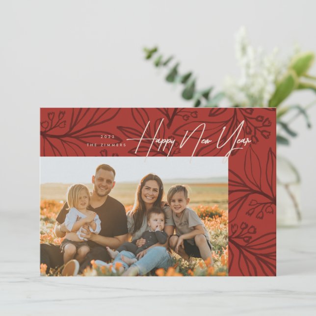 Rust Red Inked Boughs Photo Happy New Year Card (Standing Front)