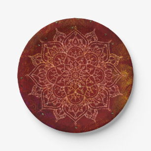 Rust Red Mandala Gold Glam Modern Chic Paper Plate