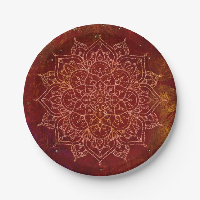 Rust Red Mandala Gold Glam Modern Chic Paper Plate (Front)
