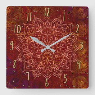 Rust Red Mandala Gold Glam Modern Chic Square Wall Clock