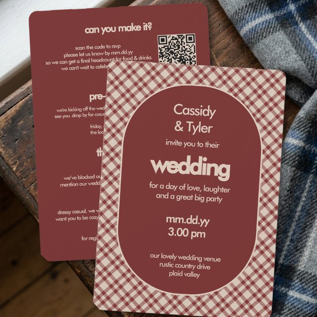 Rust Red Plaid QR Code All In One Wedding Invitation (All in One wedding invitation from the Rustic Red Plaid Western Wedding Suite by Darling & May)