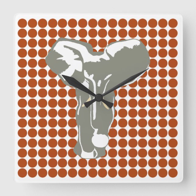 Rust Red Safari Dot with Pop Art Elephant Square Wall Clock (Front)