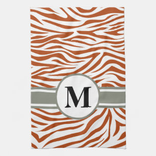Rust Red Safari Zebra with monogram Tea Towel