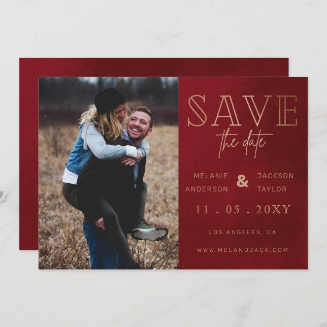Rust Red Stylish Handwritten Photo Save the Date (Front/Back)