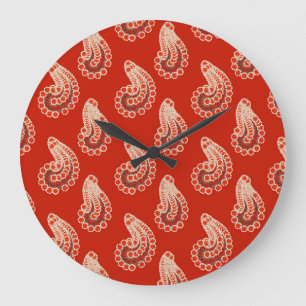 Rust red, white and gray paisley large clock