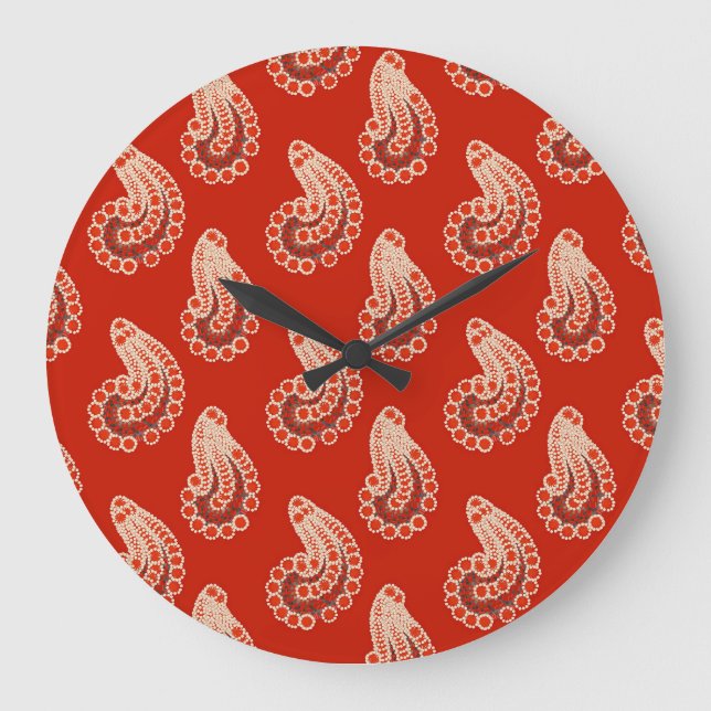 Rust red, white and gray paisley large clock (Front)