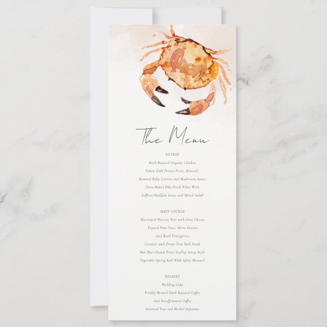 Rust Sand Coastal Crab Nautical Wedding Menu Card (Front)
