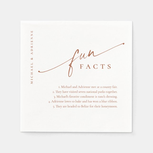 Rust Simple Modern Script Fun Facts Wedding Napkin (Front)