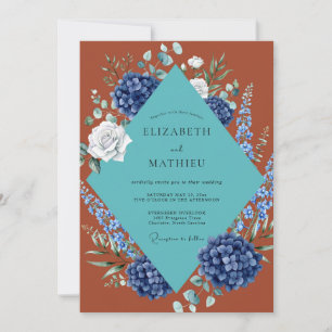 Rust Teal Hydrangea Eucalyptus Wedding Invitation