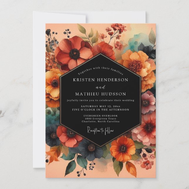 Rust Teal Moody Floral Wedding Invitation (Front)
