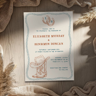 Rust Teal Western Horseshoe Monogram Wedding Invitation