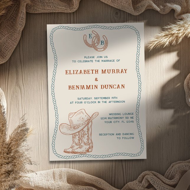 Rust Teal Western Horseshoe Monogram Wedding Invitation (Creator Uploaded)