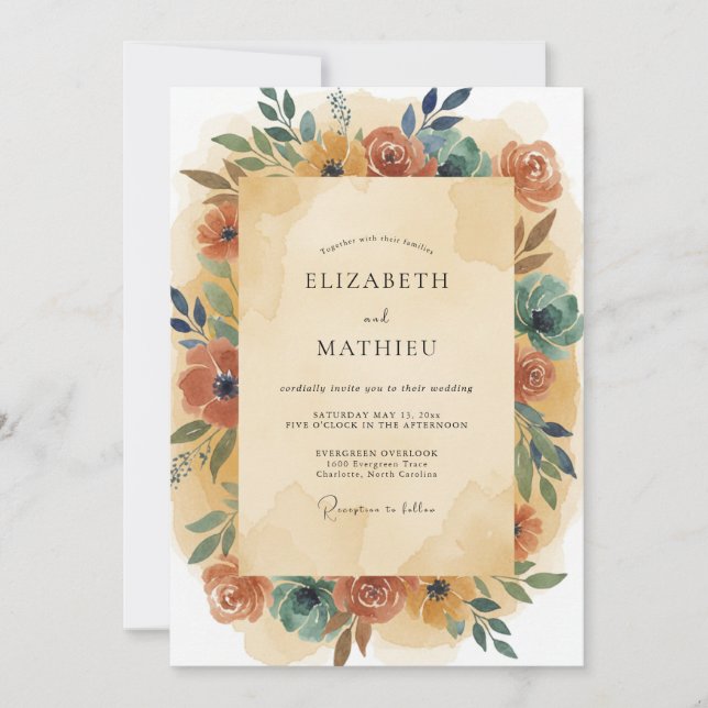 Rust Teal Wreath Wedding Invitation (Front)