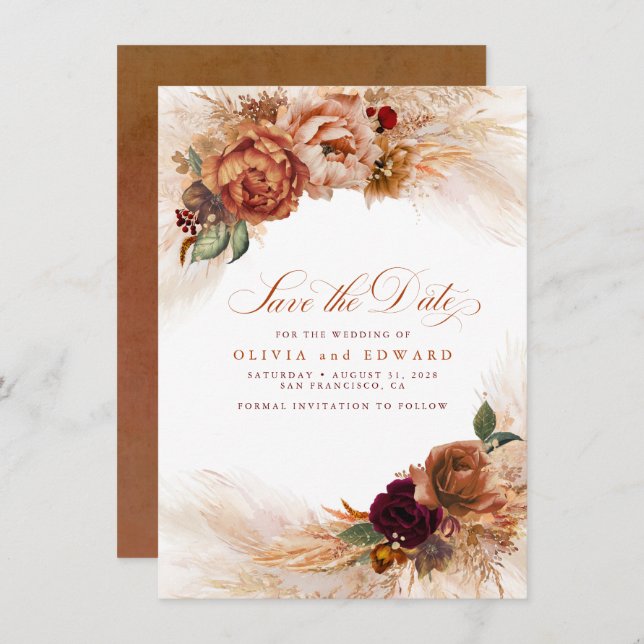 Rust Terracotta Burnt Orange Fall Save the Date Invitation (Front/Back)