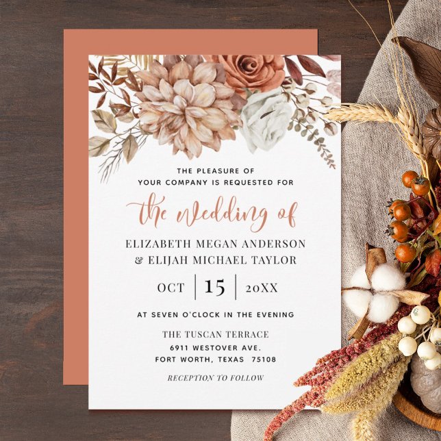 Rust Terracotta Fall Floral Wedding Invitation (Creator Uploaded)