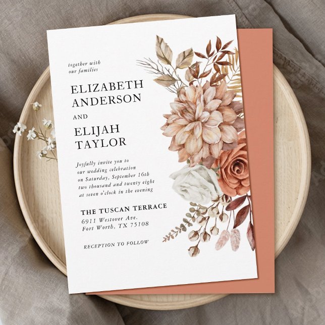 Rust Terracotta Fall Floral Wedding Invitation (An elegant and modern terracotta Autumn wedding invitation)