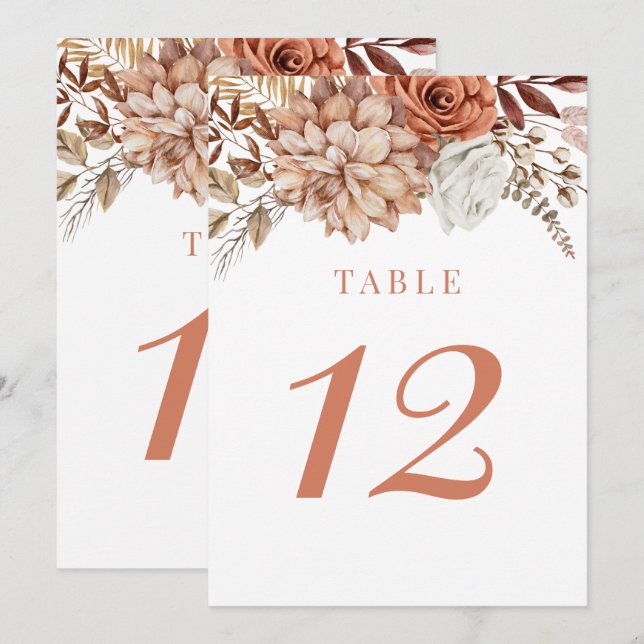 Rust Terracotta Fall Floral Wedding Table Number (Front/Back)