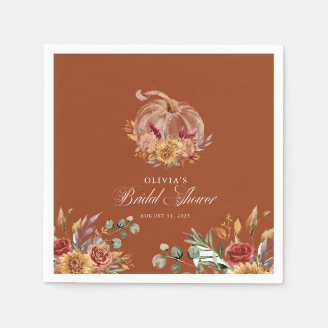 Rust Terracotta Floral Pampas Grass and Pumpkin Napkin (Front)