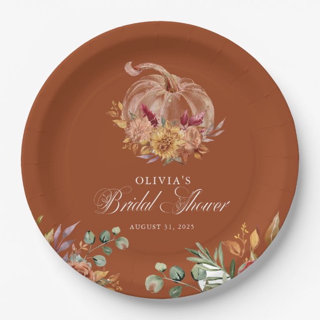 Rust Terracotta Floral Pampas Grass and Pumpkin Paper Plate (Front)