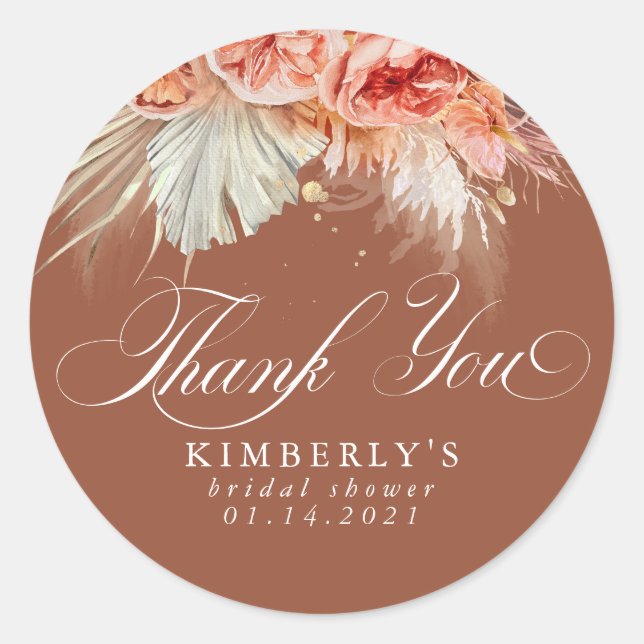 Rust Terracotta Floral Pampas Grass Thank You Classic Round Sticker (Front)