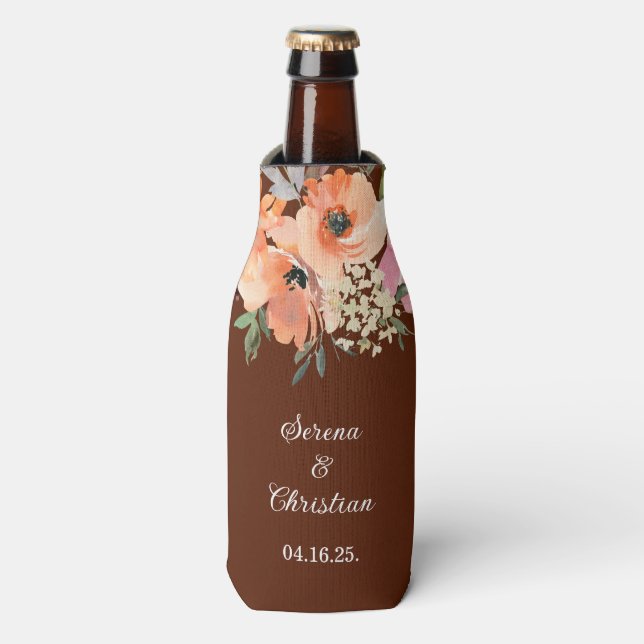 Rust Terracotta Floral Wedding Bottle Cooler (Bottle Front)