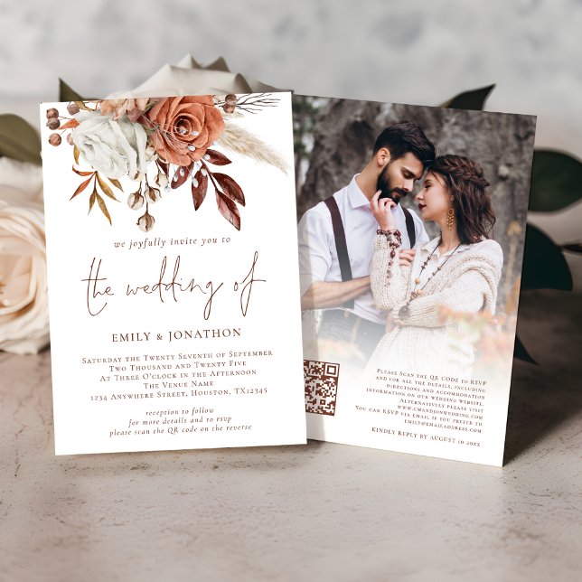 Rust Terracotta Florals Photo QR Code Wedding Invitation (Front and back view)