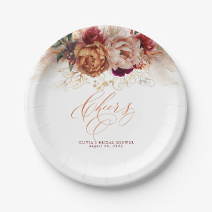 Rust Terracotta Flowers and Pampas Grass Cheers Paper Plate