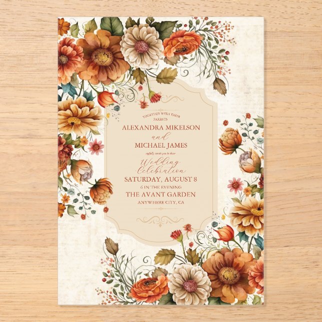 Rust Terracotta Flowers Burnt Orange Fall Wedding Acrylic Invitations (Front)