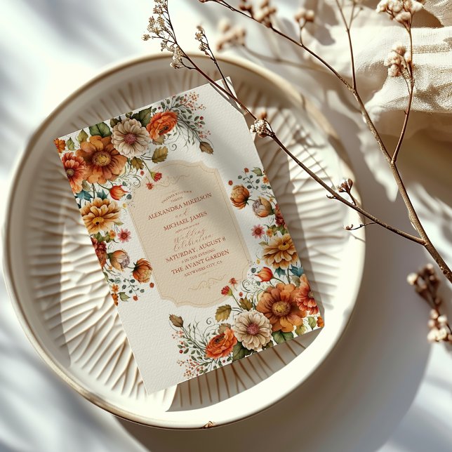 Rust Terracotta Flowers Burnt Orange Fall Wedding Acrylic Invitations (Creator Uploaded)