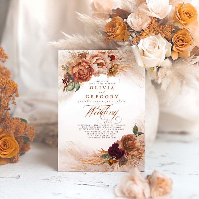 Rust Terracotta Flowers Burnt Orange Fall Wedding Invitation (Boho Terracotta Floral Fall Wedding Invitations)