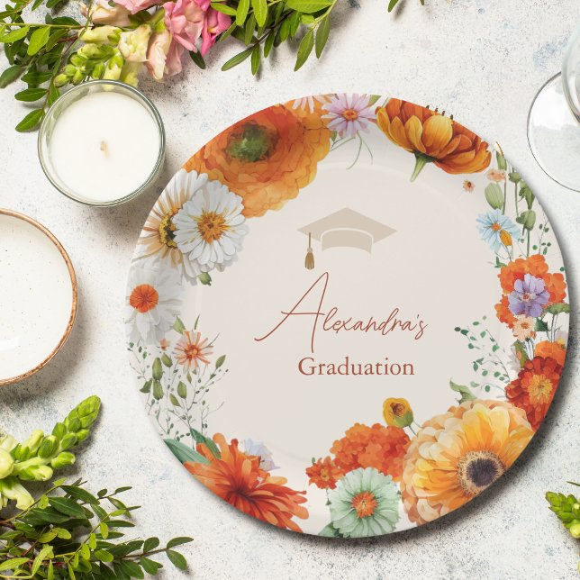 Rust Terracotta Flowers Burnt Orange Graduation Paper Plate (Creator Uploaded)