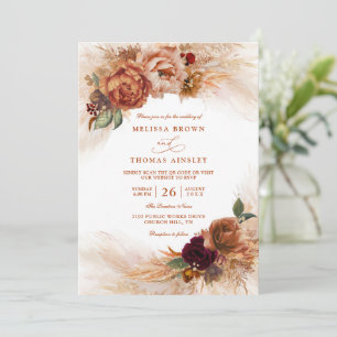 Rust Terracotta Flowers Burnt QR Code Wedding Invitation
