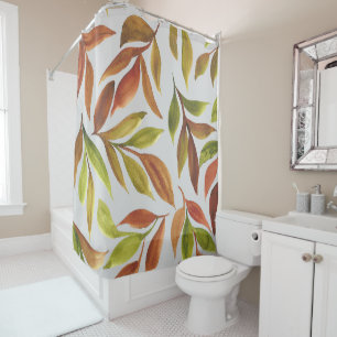 Rust Terracotta Green Watercolor Leaves   Shower Curtain