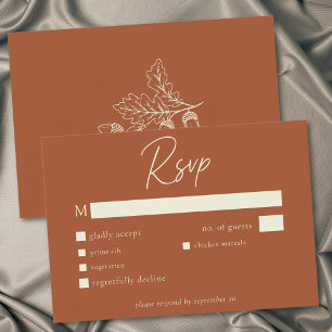 Rust Terracotta Minimalist Leaf Acorn Fall Wedding RSVP Card