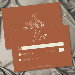 Rust Terracotta Minimalist Leaf Acorn Fall Wedding RSVP Card