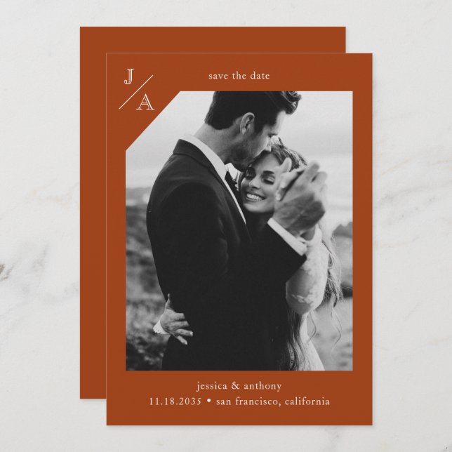 Rust Terracotta Minimalist Modern Monogram Photo Save The Date (Front/Back)