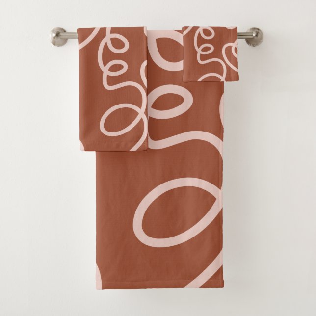 Rust Terracotta Modern Minimal Line Brush Strokes Bath Towel Set (Insitu)
