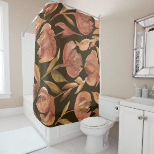 Rust Terracotta Watercolor Floral Tulips Black  Shower Curtain