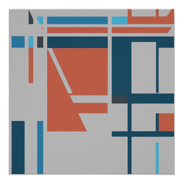Rust Turquoise Blue MCM Look Squares on Grey Poster (Front)
