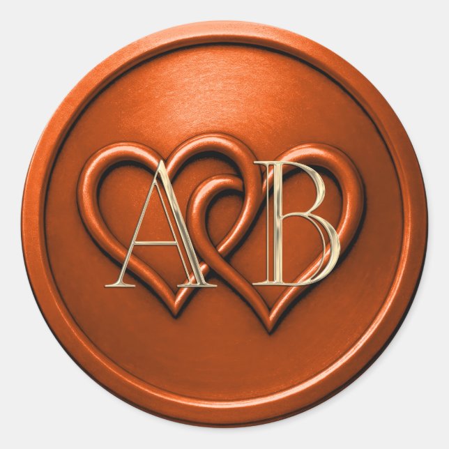 Rust Two Hearts Intertwined Monogram Wedding Classic Round Sticker (Front)