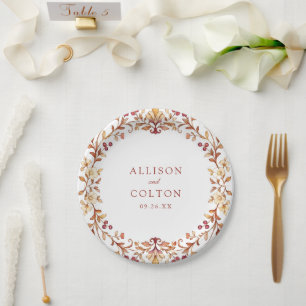 Rust Vintage Botanical Floral Frame Fall Wedding Paper Plate