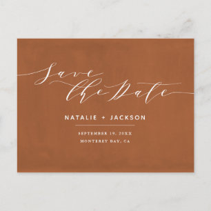 Rust + white elegant wedding save the date postcard